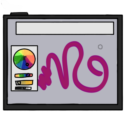 a black drawing tablet open on a drawing program that has an upper toolsr and color editor on display. a purple squiggle has been drawn on the program's canvas